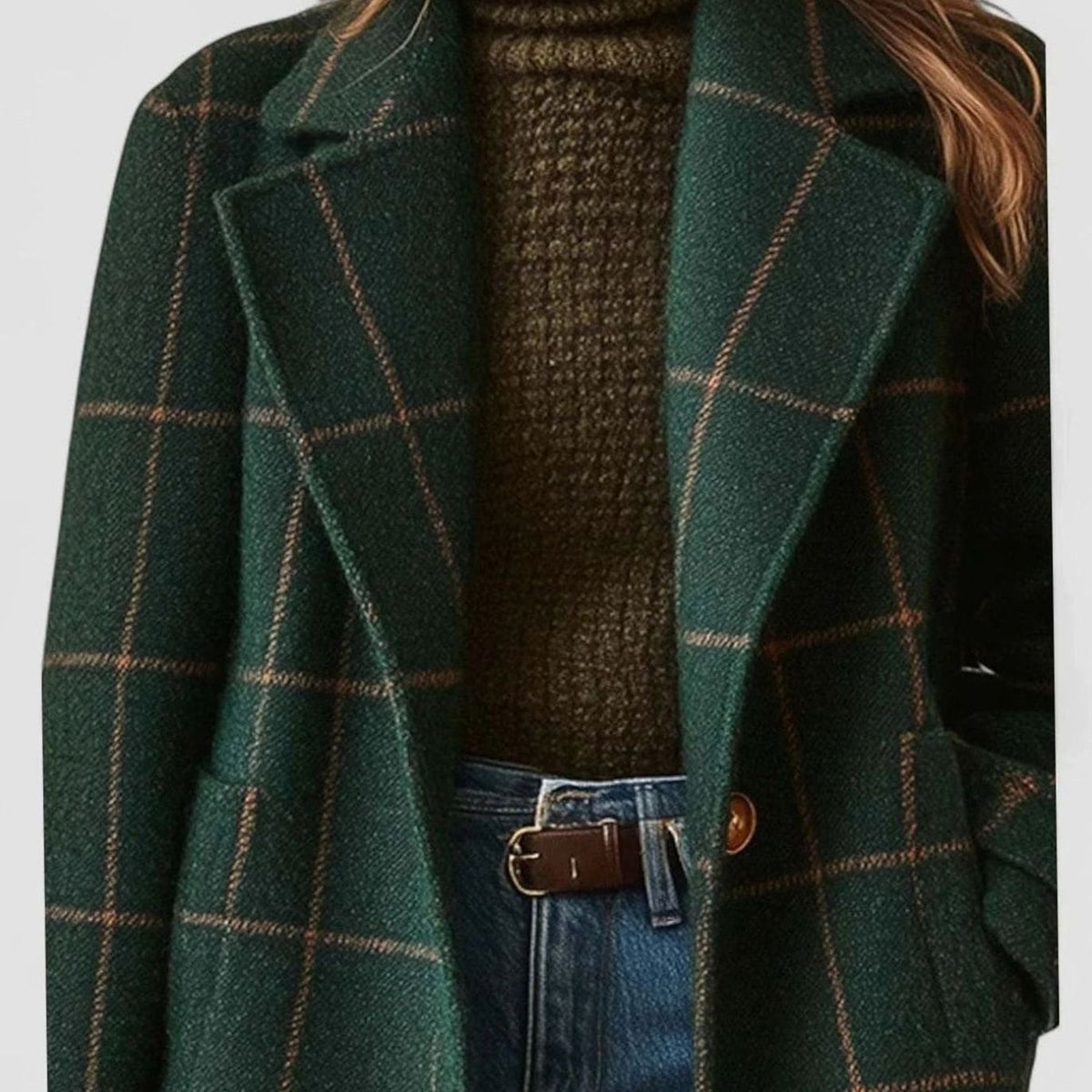 Evie | Women's Green Windowpane Notched-Lapel Button-Front Mid-Length Wool Coat - Dark Green