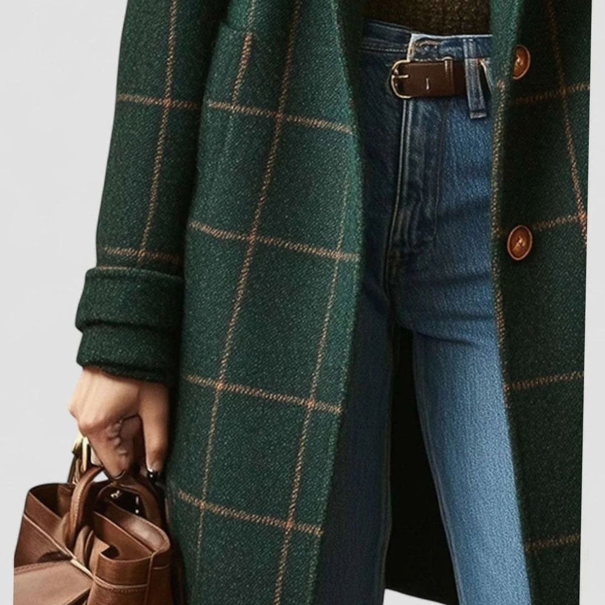 Evie | Women's Green Windowpane Notched-Lapel Button-Front Mid-Length Wool Coat - Dark Green