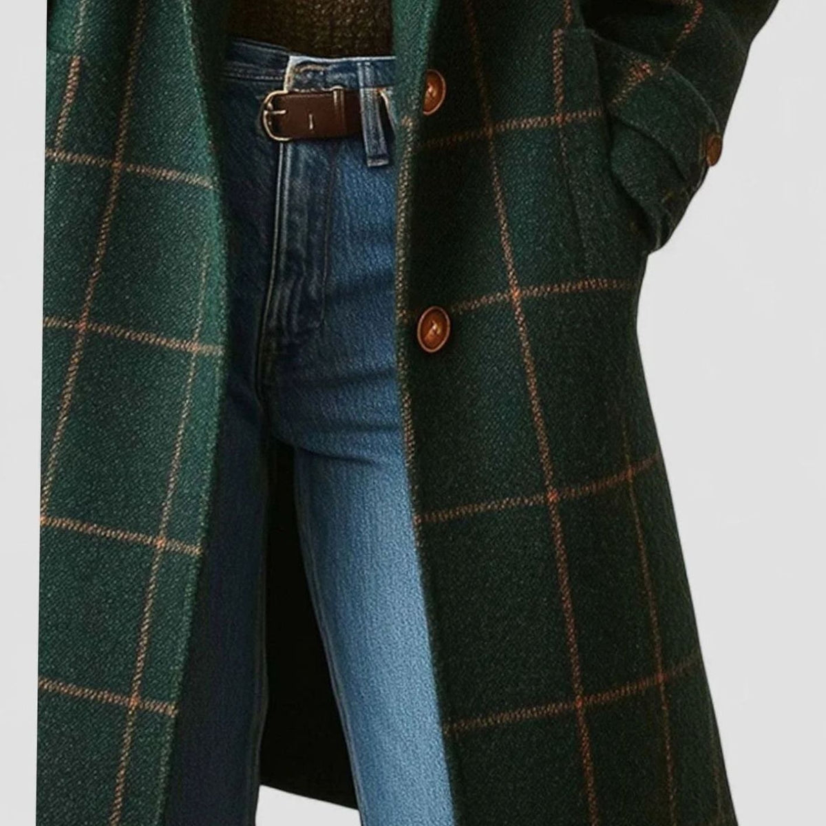 Evie | Women's Green Windowpane Notched-Lapel Button-Front Mid-Length Wool Coat - Dark Green