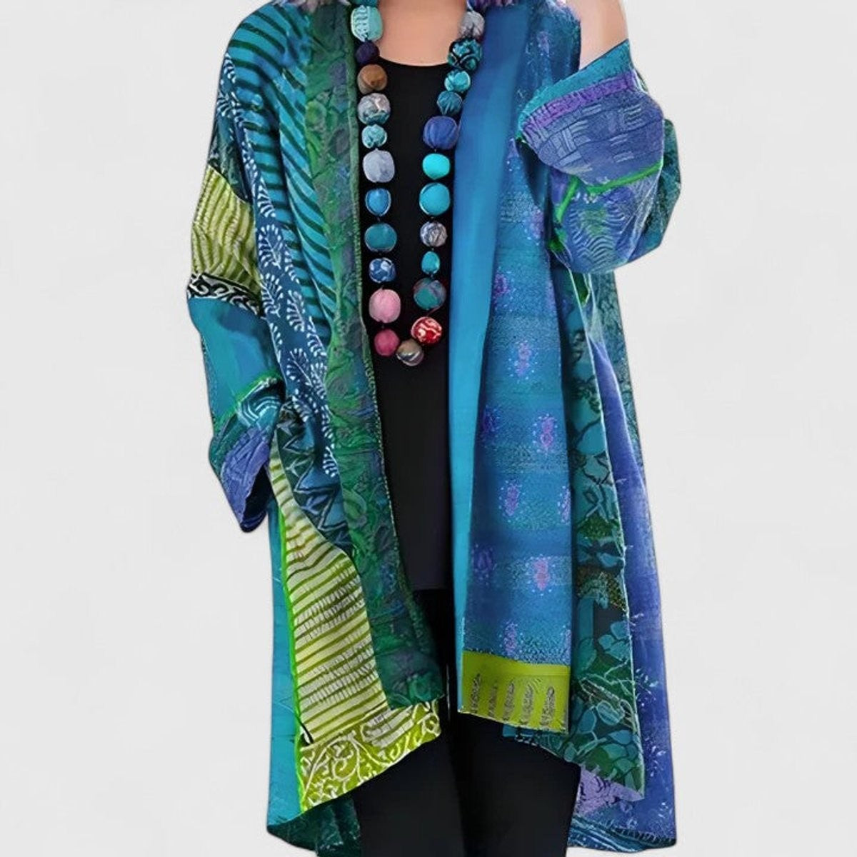 Evie | Women's Relaxed Open-Front Patchwork Longline Cardigan - Blue