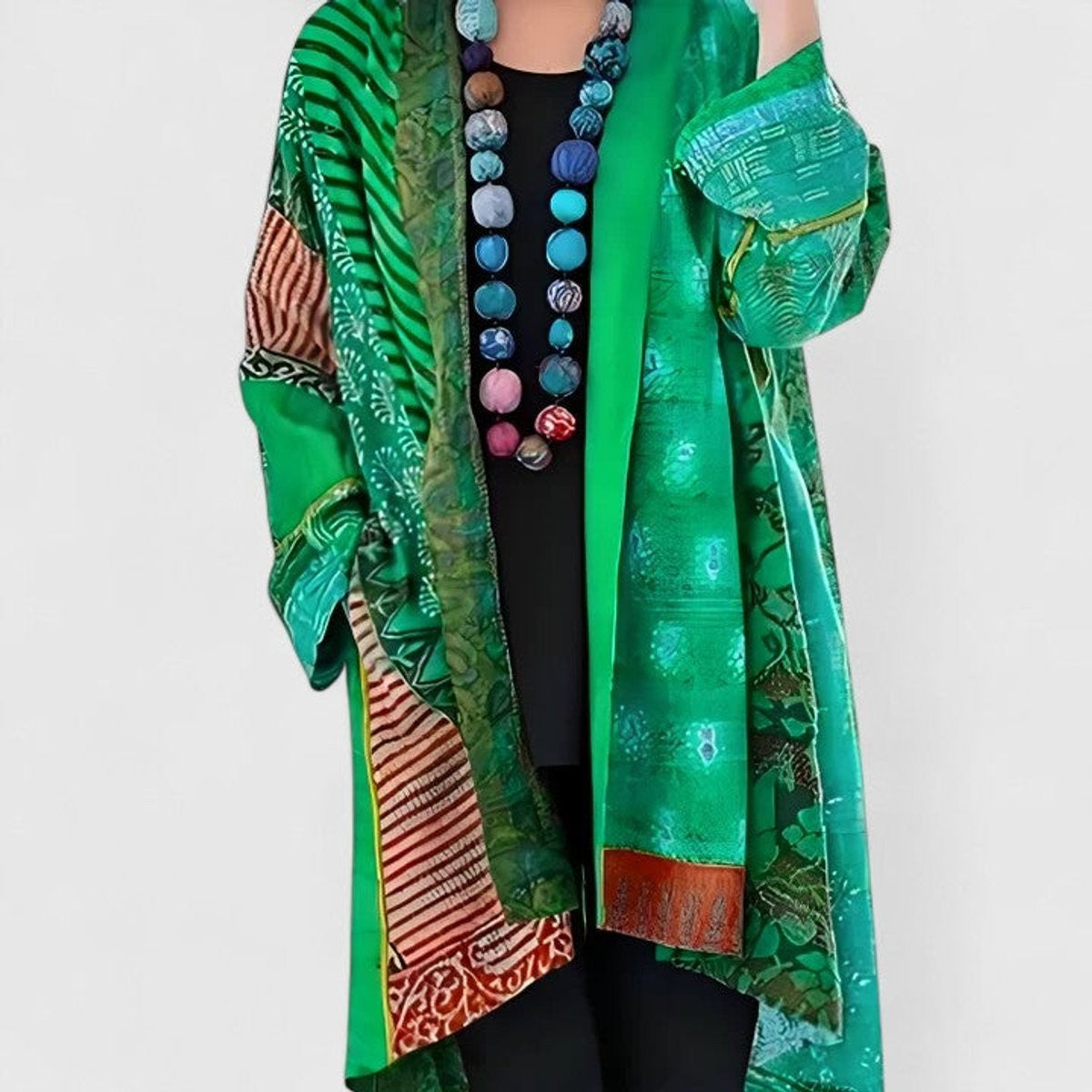 Evie | Women's Relaxed Open-Front Patchwork Longline Cardigan - Green