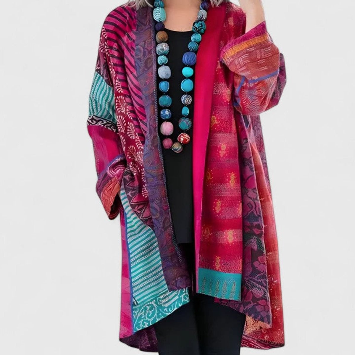 Evie | Women's Relaxed Open-Front Patchwork Longline Cardigan - Pink