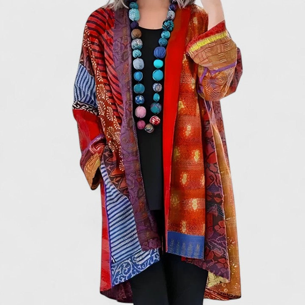 Evie | Women's Relaxed Open-Front Patchwork Longline Cardigan - Red