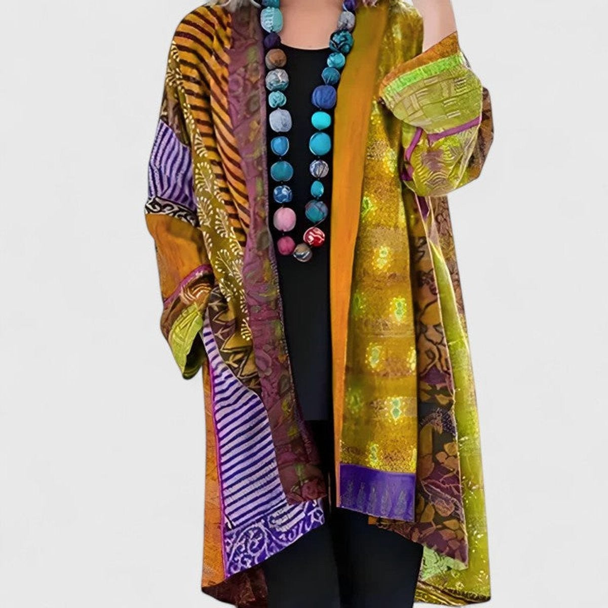 Evie | Women's Relaxed Open-Front Patchwork Longline Cardigan - Yellow