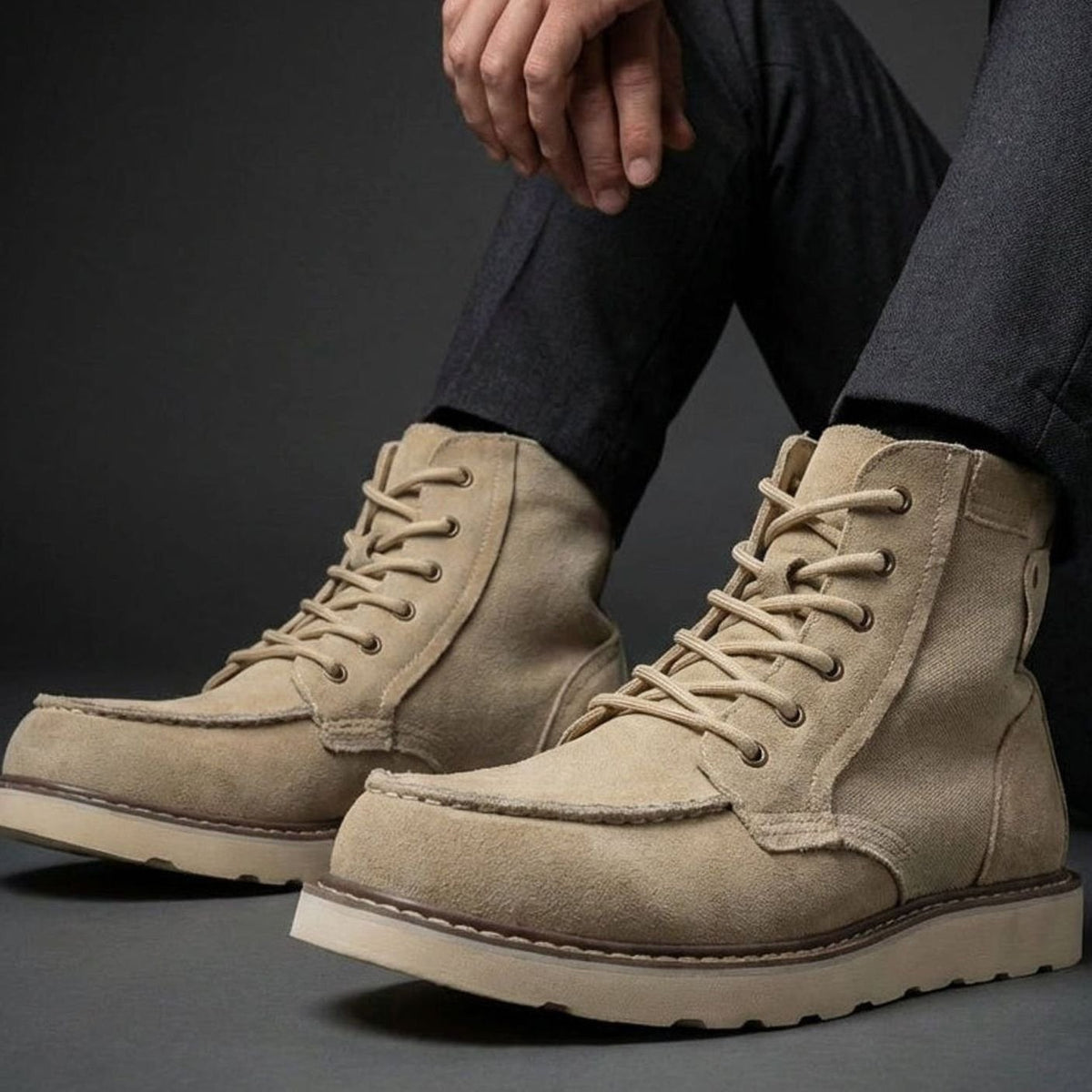 Finley | Men's High-Ankle Moc-Toe Lace-Up Boots with Cream Contrast Sole - Beige