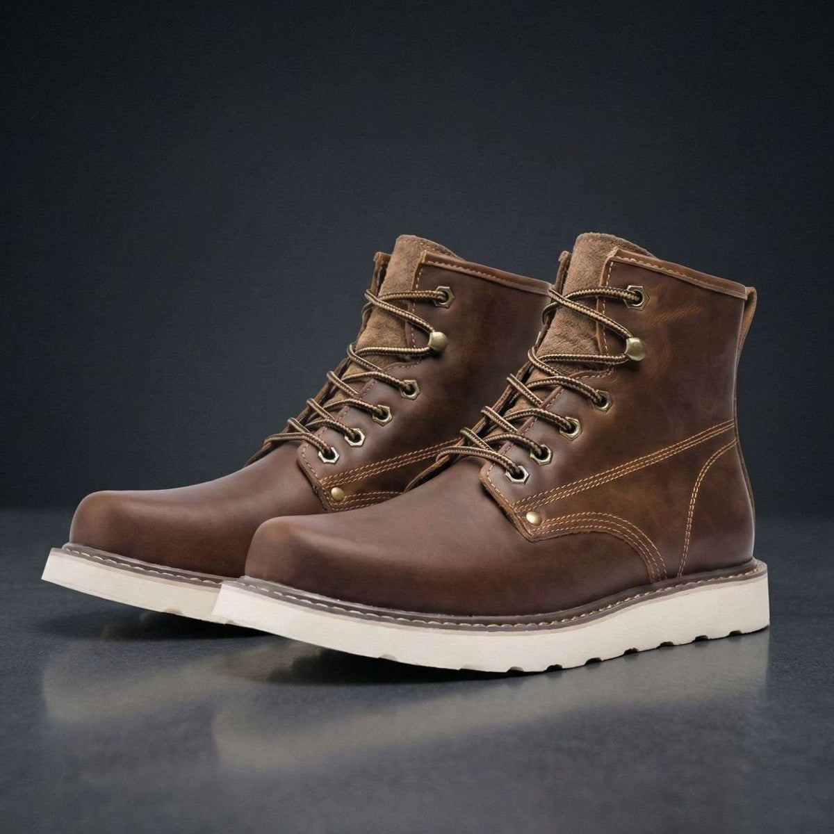 Finley | Men's High-Ankle Moc-Toe Lace-Up Boots with Cream Contrast Sole - Dark Brown