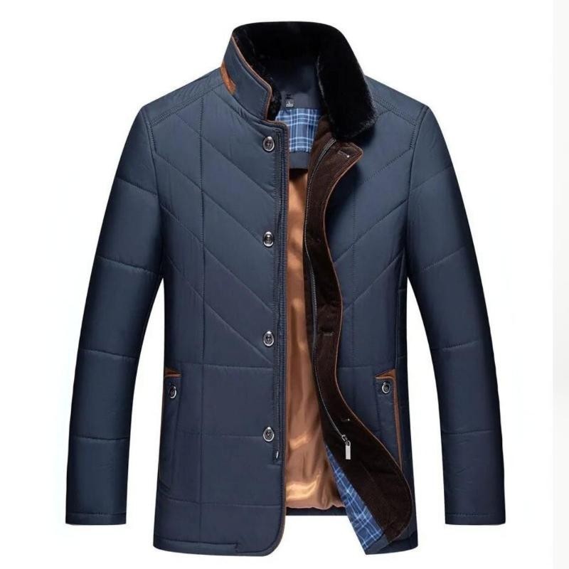 Finley | Men's Quilted Stand-Collar Jacket with Faux Fur Trim and Contrast Piping - Blue