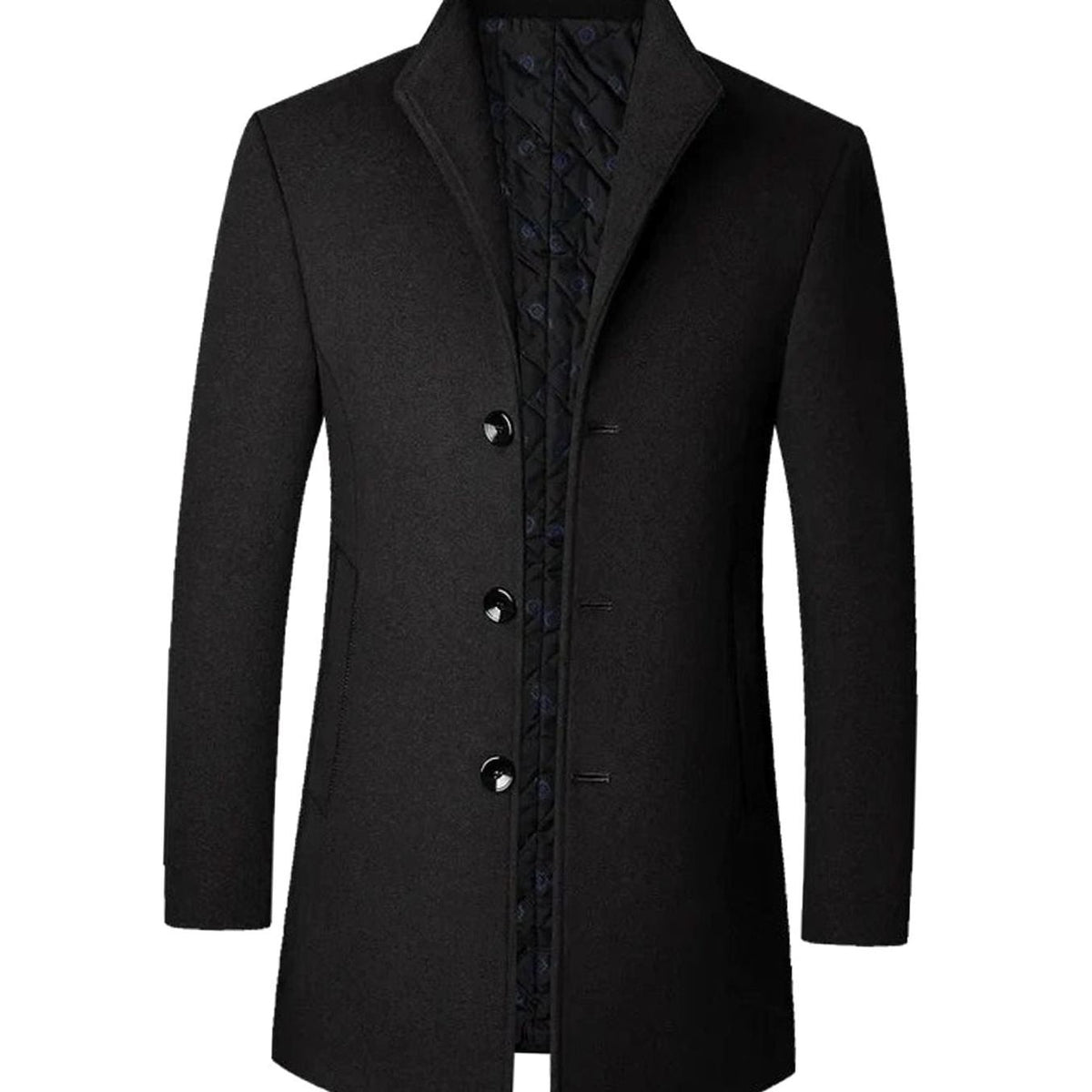 Finley | Men's Single-Breasted Stand-Collar Tailored Long Overcoat - Black