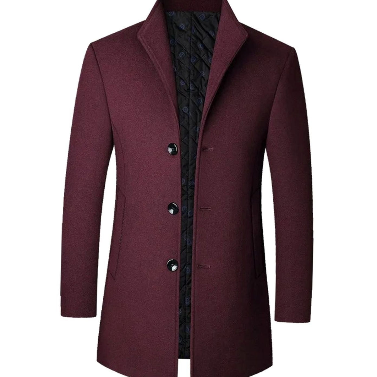 Finley | Men's Single-Breasted Stand-Collar Tailored Long Overcoat - Burgundy