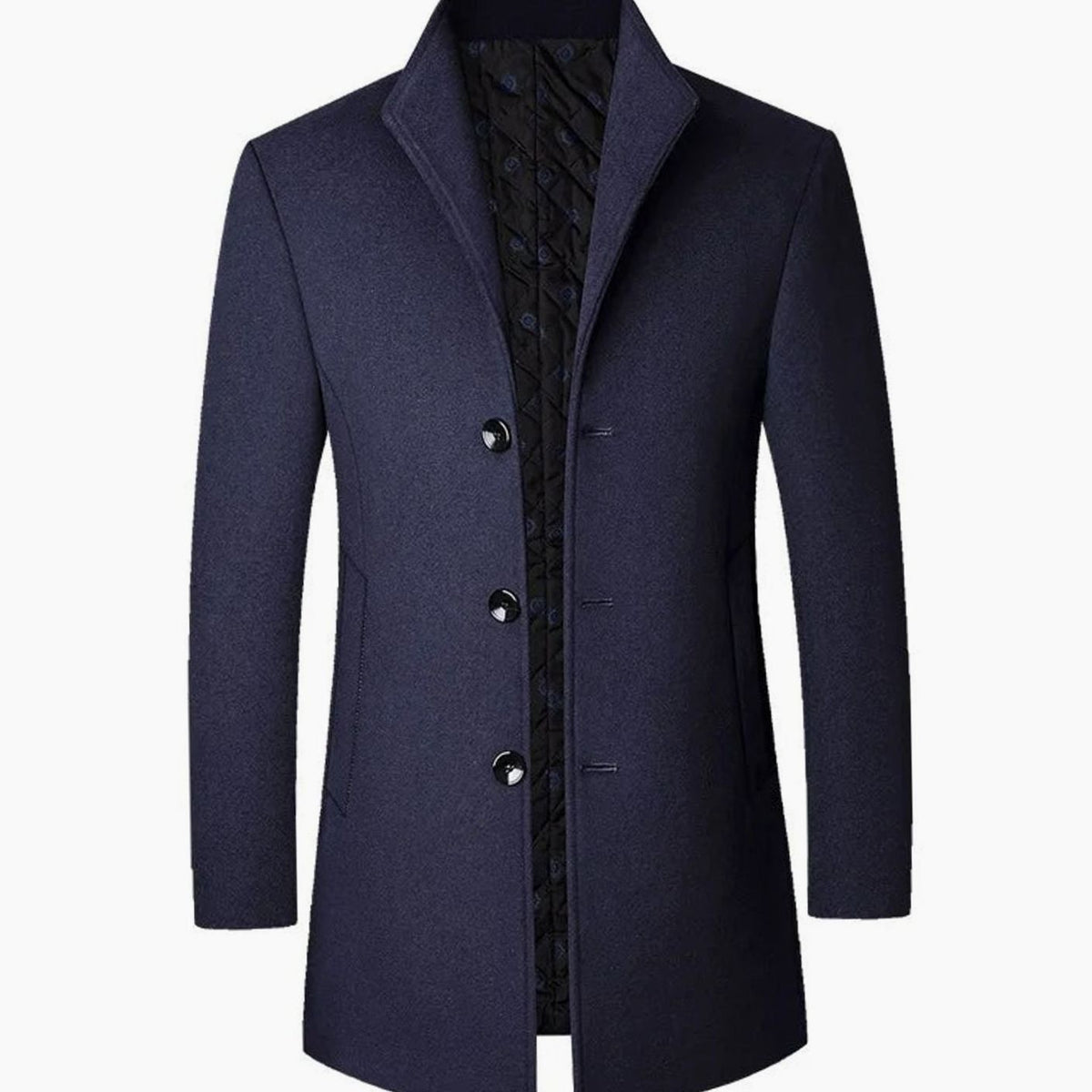 Finley | Men's Single-Breasted Stand-Collar Tailored Long Overcoat - Navy Blue