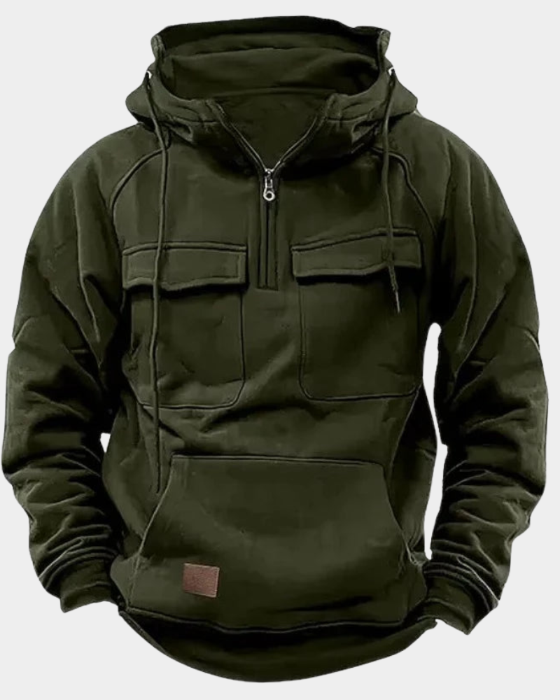 Finley | Men's Stand-Collar Full-Zip Hoodie with Cargo Pockets and Kangaroo Pouch - Armeegrün