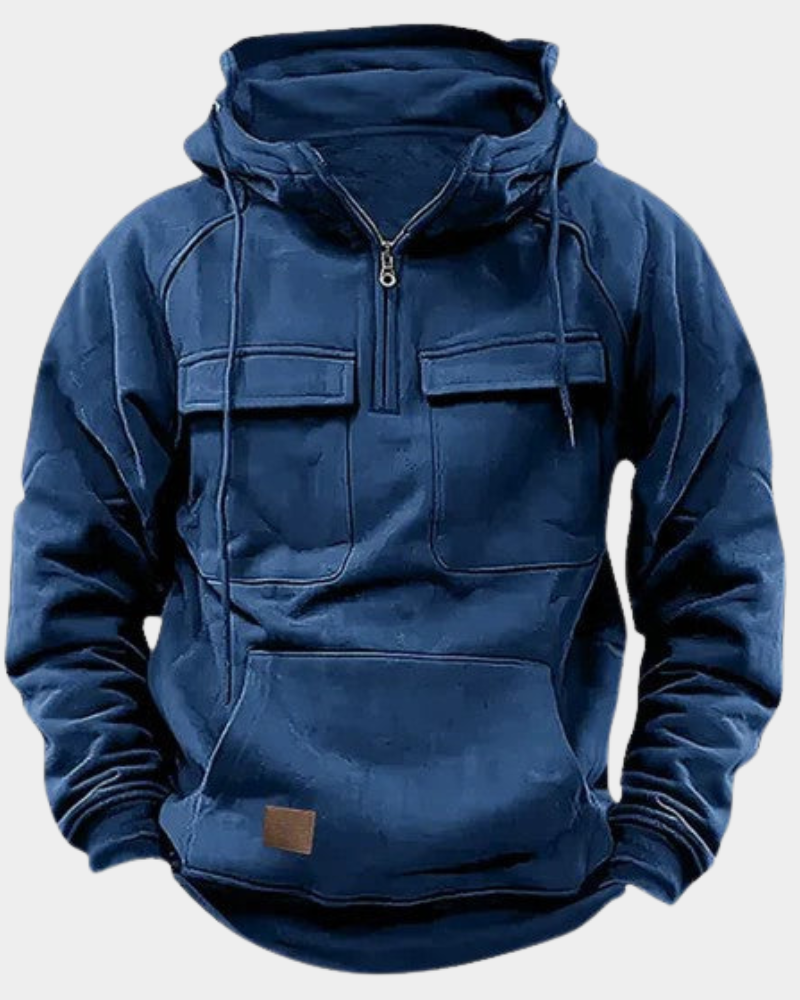 Finley | Men's Stand-Collar Full-Zip Hoodie with Cargo Pockets and Kangaroo Pouch - Blue