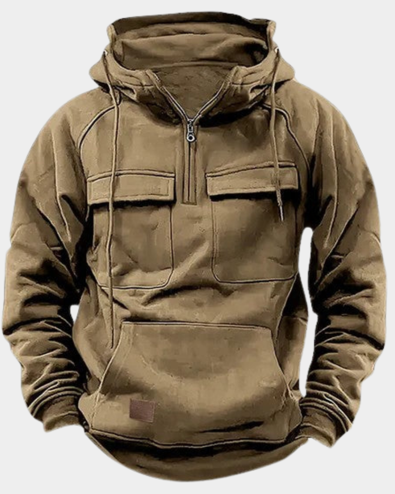 Finley | Men's Stand-Collar Full-Zip Hoodie with Cargo Pockets and Kangaroo Pouch - Khaki