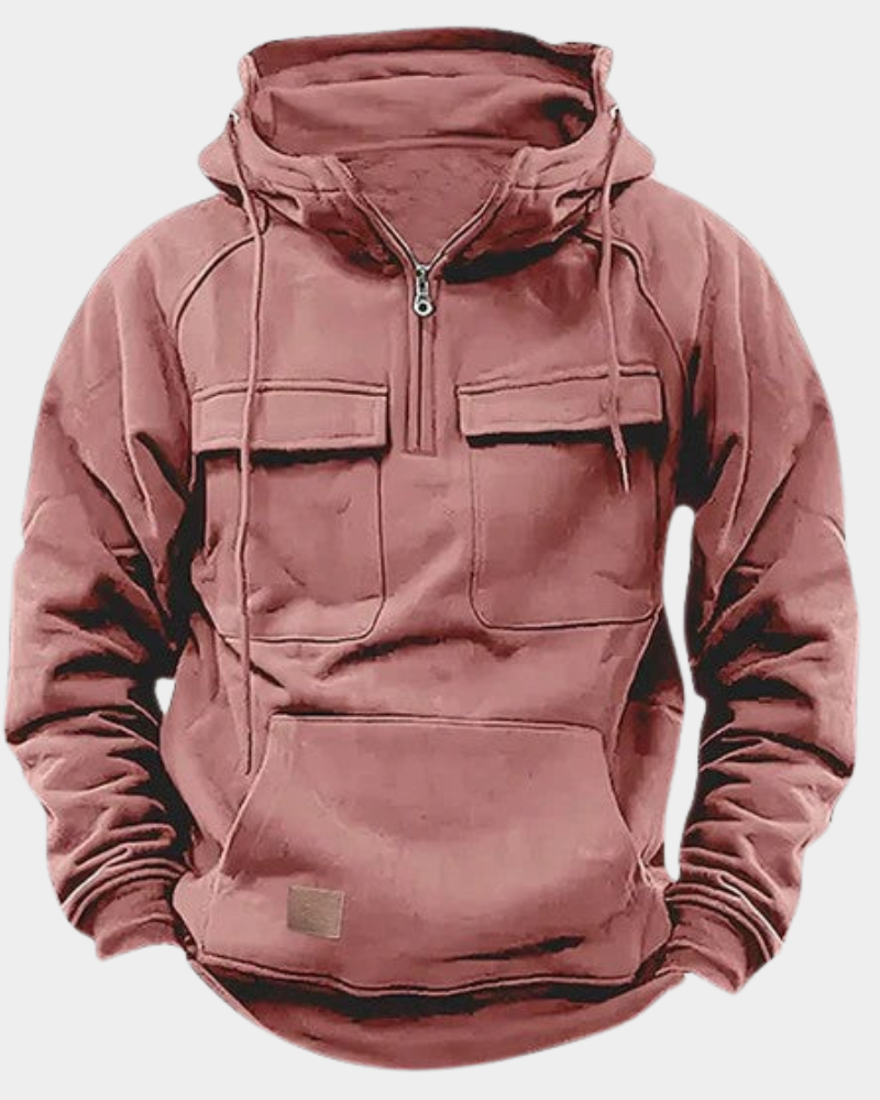 Finley | Men's Stand-Collar Full-Zip Hoodie with Cargo Pockets and Kangaroo Pouch - Rosarot