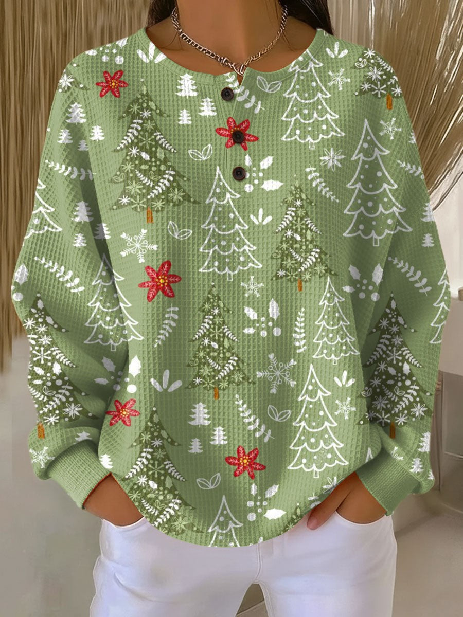 Finley | Women's Christmas Jumper for Women Festive Forest Print Button-Front Knit - Green