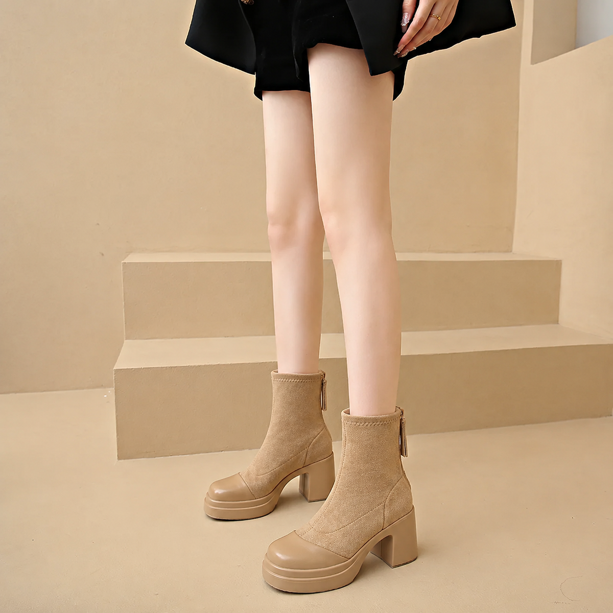 Finley | Women's Platform Block-Heel Ankle Boot with Zip Fastening - Apricot
