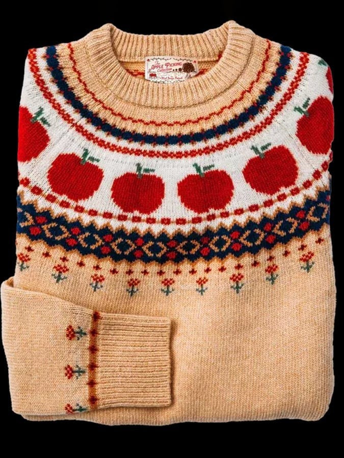 Florence | Women's Crew-Neck Fair Isle Knit Sweater with Seasonal Motifs - Apple Fair Isle