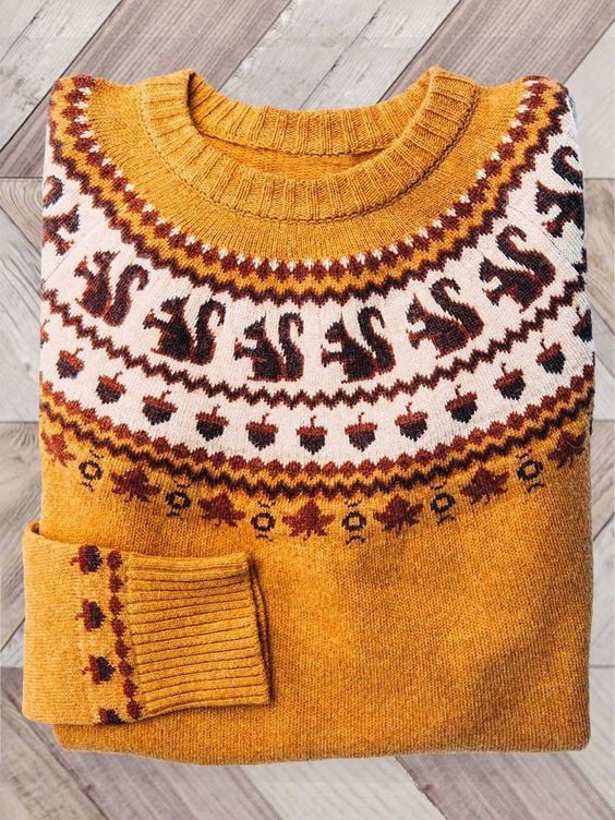 Florence | Women's Crew-Neck Fair Isle Knit Sweater with Seasonal Motifs - Apple Fair Isle