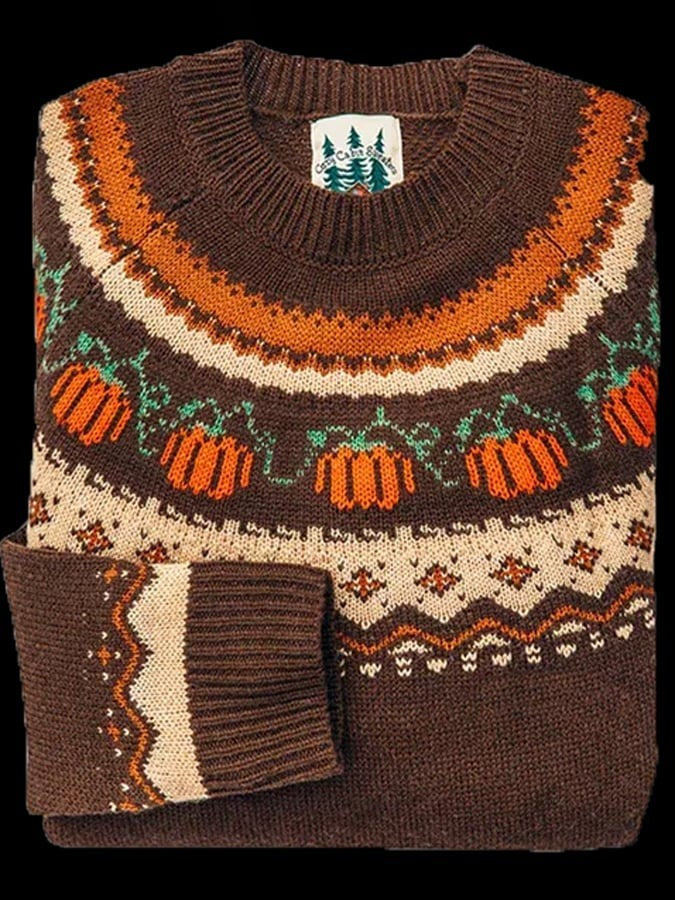 Florence | Women's Crew-Neck Fair Isle Knit Sweater with Seasonal Motifs - Pumpkin Fair Isle