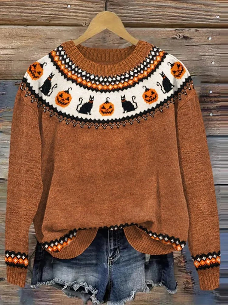 Florence | Women's Crew-Neck Fair Isle Knit Sweater with Seasonal Motifs - Rustic Pumpkin