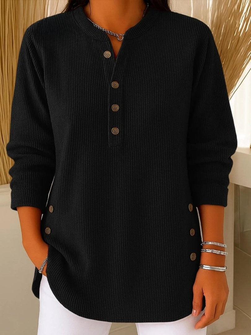 Florence | Women's Ribbed Knit Crew-Neck Button-Detail Long-Sleeve Sweater - Black