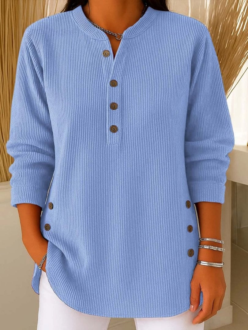 Florence | Women's Ribbed Knit Crew-Neck Button-Detail Long-Sleeve Sweater - Blue