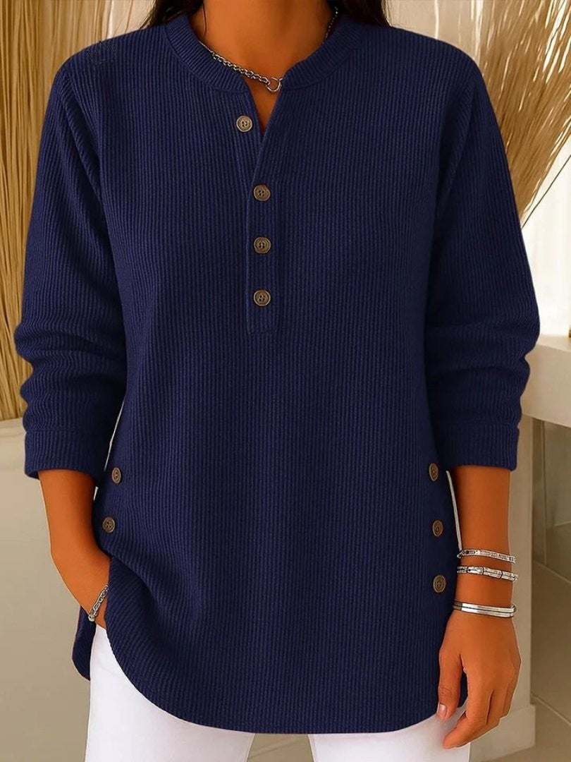 Florence | Women's Ribbed Knit Crew-Neck Button-Detail Long-Sleeve Sweater - Dark Blue
