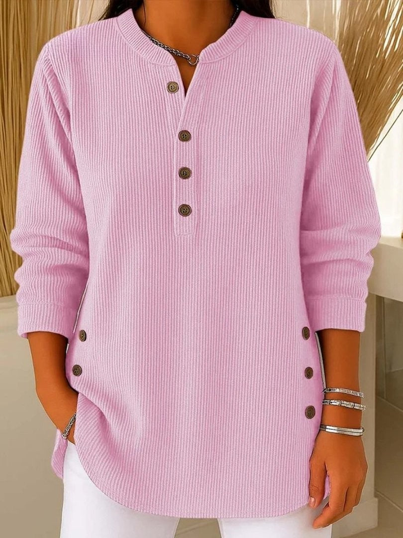 Florence | Women's Ribbed Knit Crew-Neck Button-Detail Long-Sleeve Sweater - Pink