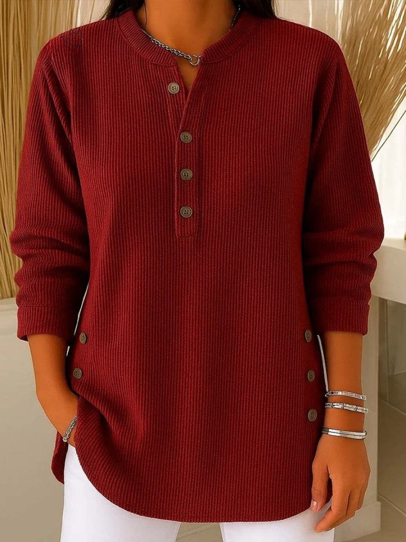 Florence | Women's Ribbed Knit Crew-Neck Button-Detail Long-Sleeve Sweater - Red