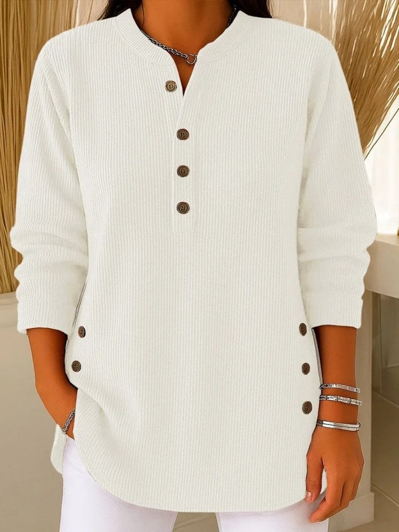 Florence | Women's Ribbed Knit Crew-Neck Button-Detail Long-Sleeve Sweater - White