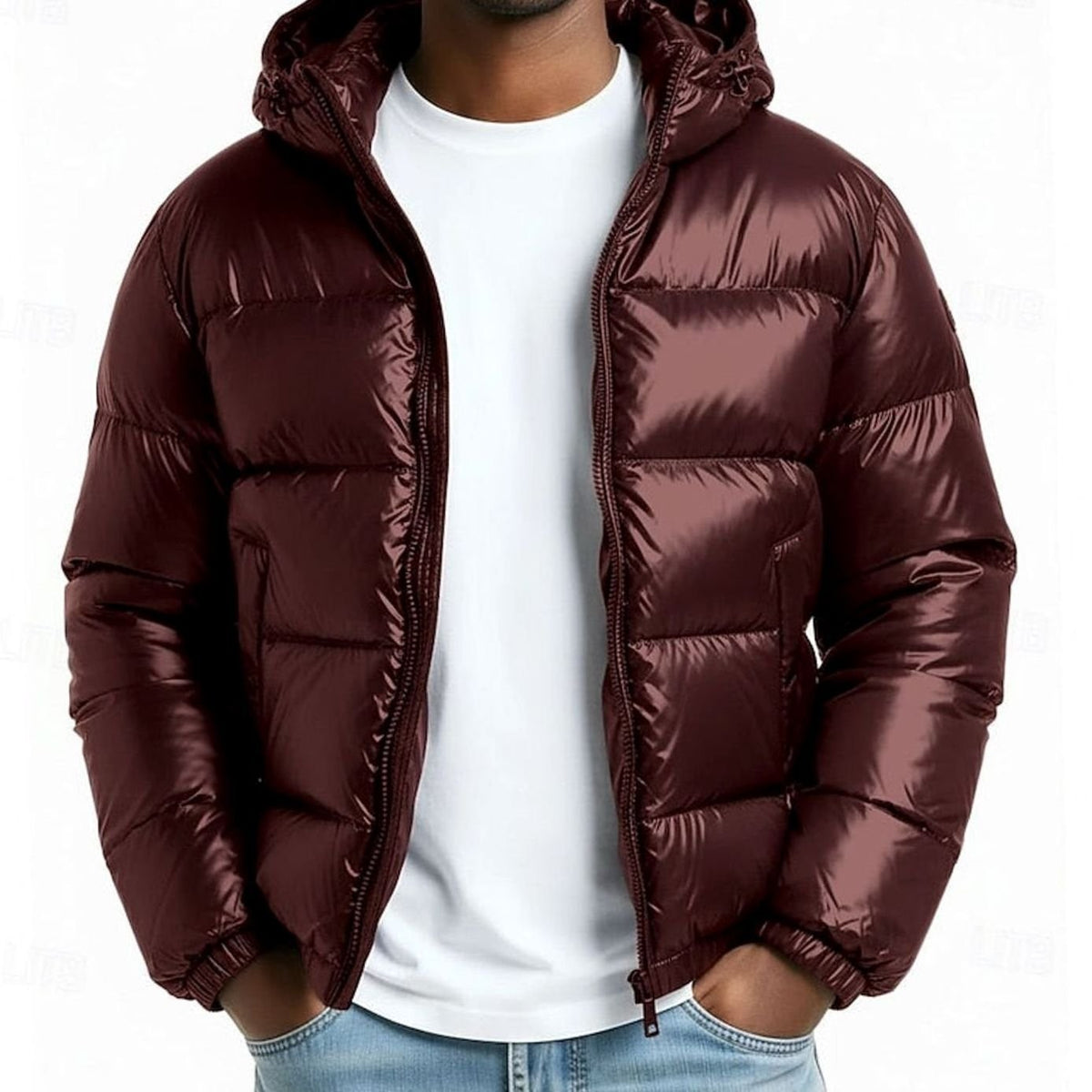 Freddie | Men's Quilted Hooded Full-Zip Coated Puffer Jacket - Wine