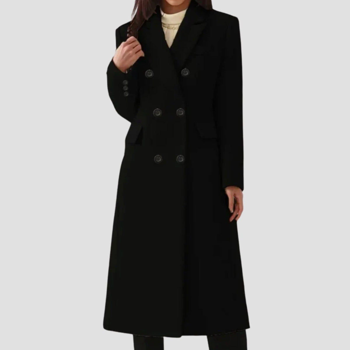 Freya | Women's Double-Breasted Notch-Lapel Knee-Length Tailored Wool Coat - Black