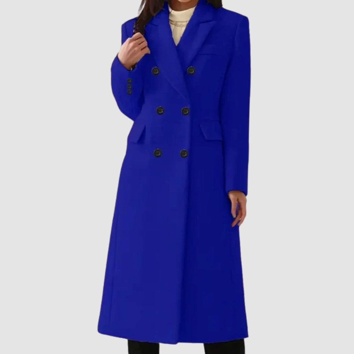 Freya | Women's Double-Breasted Notch-Lapel Knee-Length Tailored Wool Coat - Blue