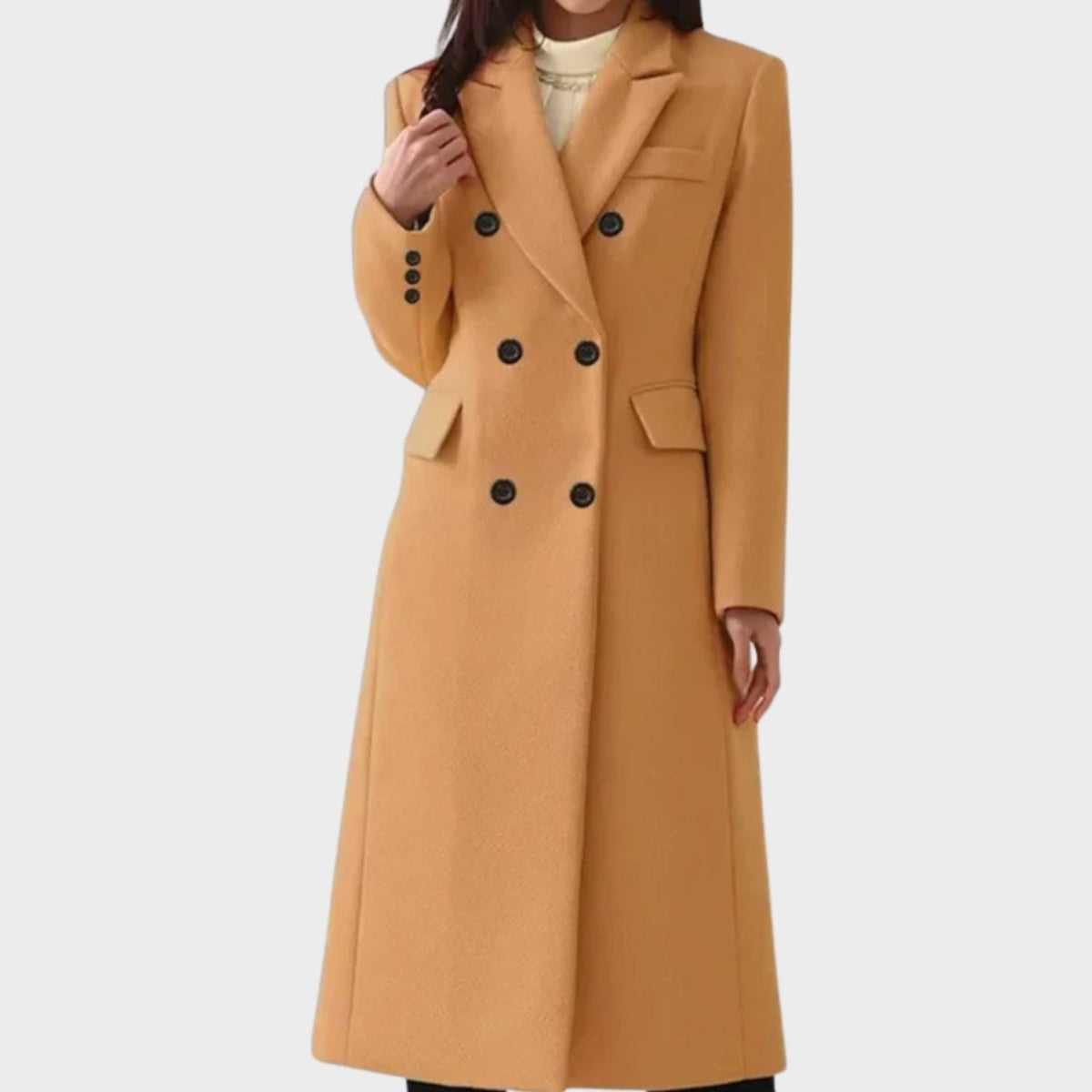 Freya | Women's Double-Breasted Notch-Lapel Knee-Length Tailored Wool Coat - Brown