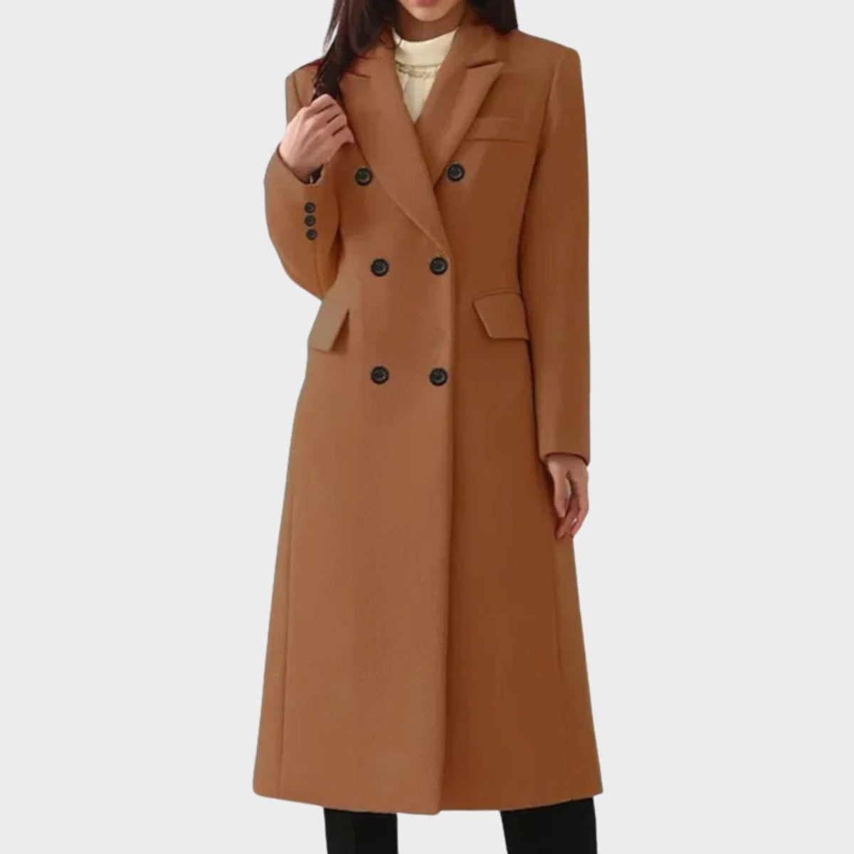 Freya | Women's Double-Breasted Notch-Lapel Knee-Length Tailored Wool Coat - Dark Brown