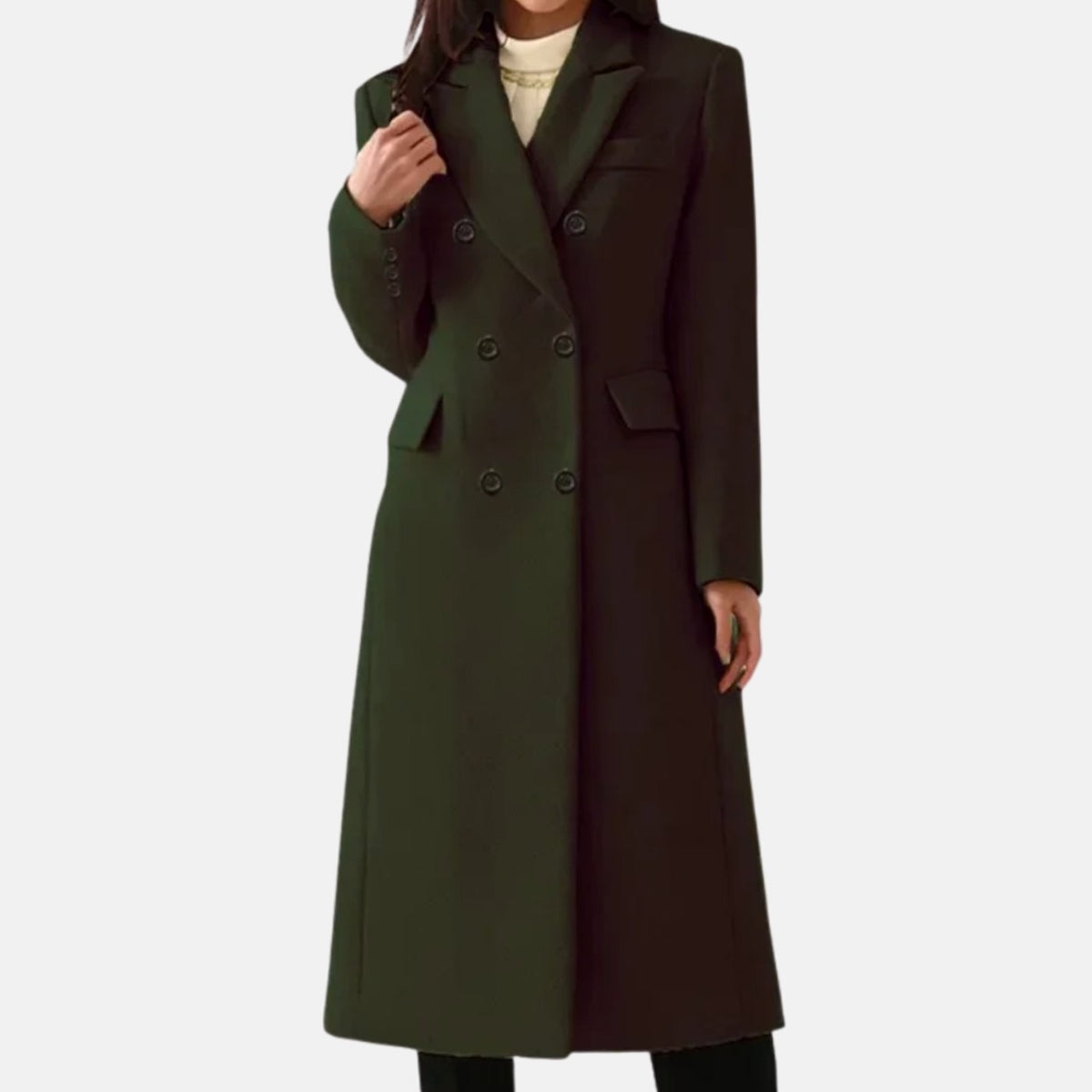 Freya | Women's Double-Breasted Notch-Lapel Knee-Length Tailored Wool Coat - Dark Green