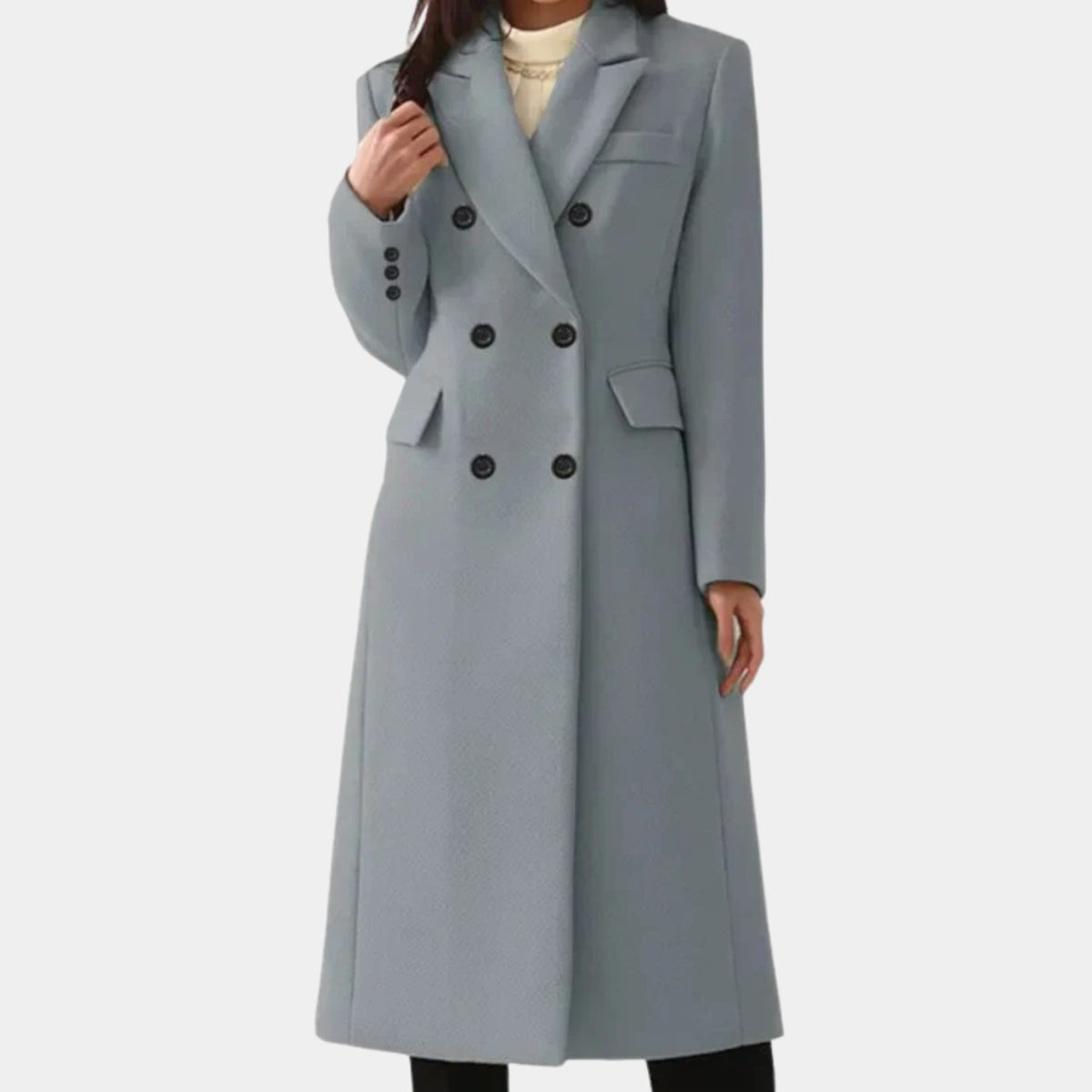 Freya | Women's Double-Breasted Notch-Lapel Knee-Length Tailored Wool Coat - Grey