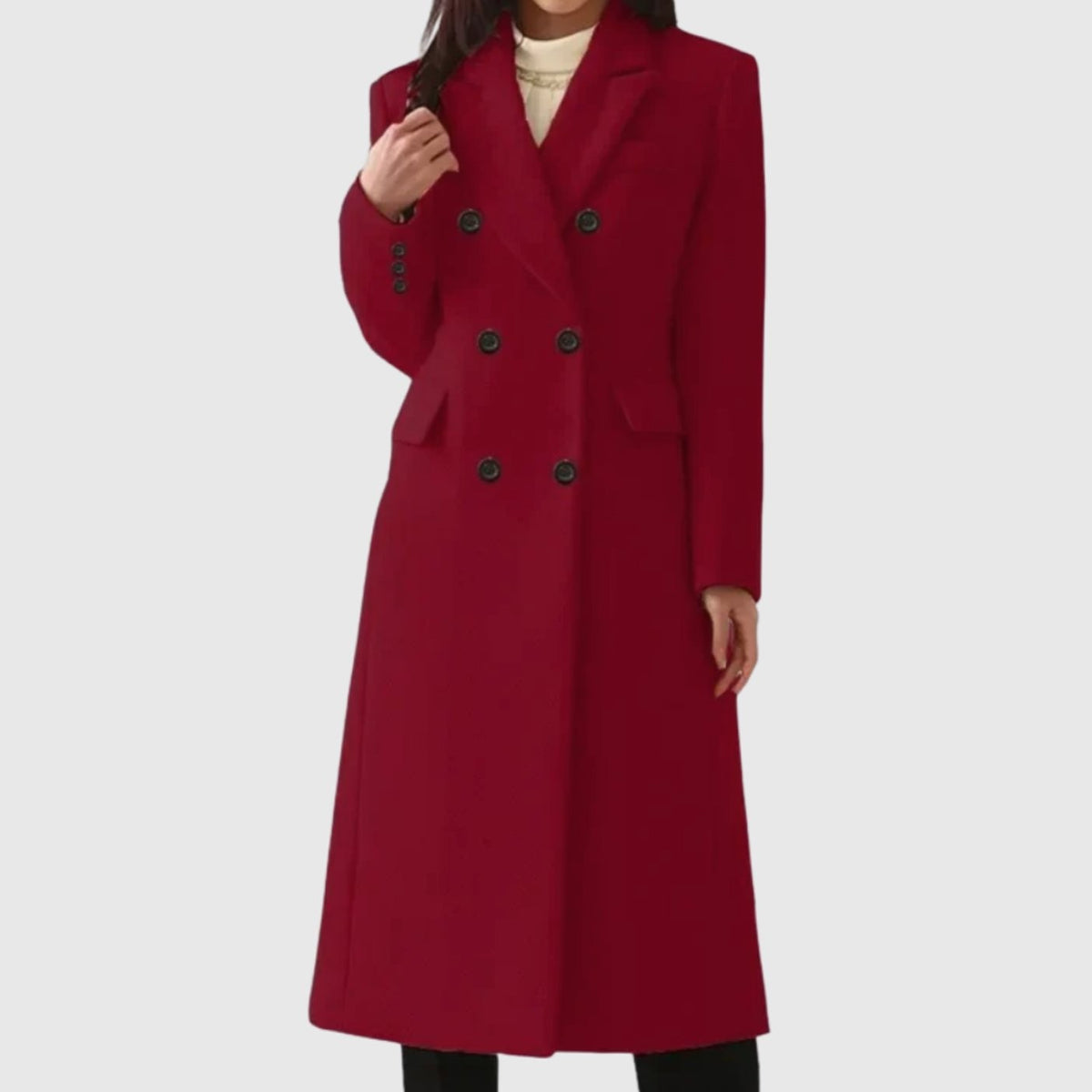 Freya | Women's Double-Breasted Notch-Lapel Knee-Length Tailored Wool Coat - Red