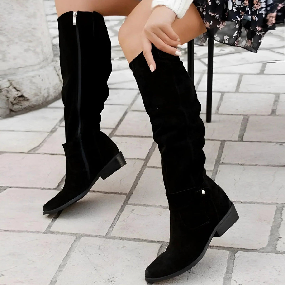 Freya | Women's Knee-High Suede Boots with Buckle Detail and Block Heel - Black