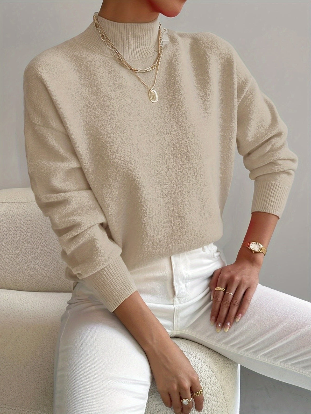 Freya | Women's Mock Turtleneck Relaxed-Fit Long Sleeve Jumper - Beige