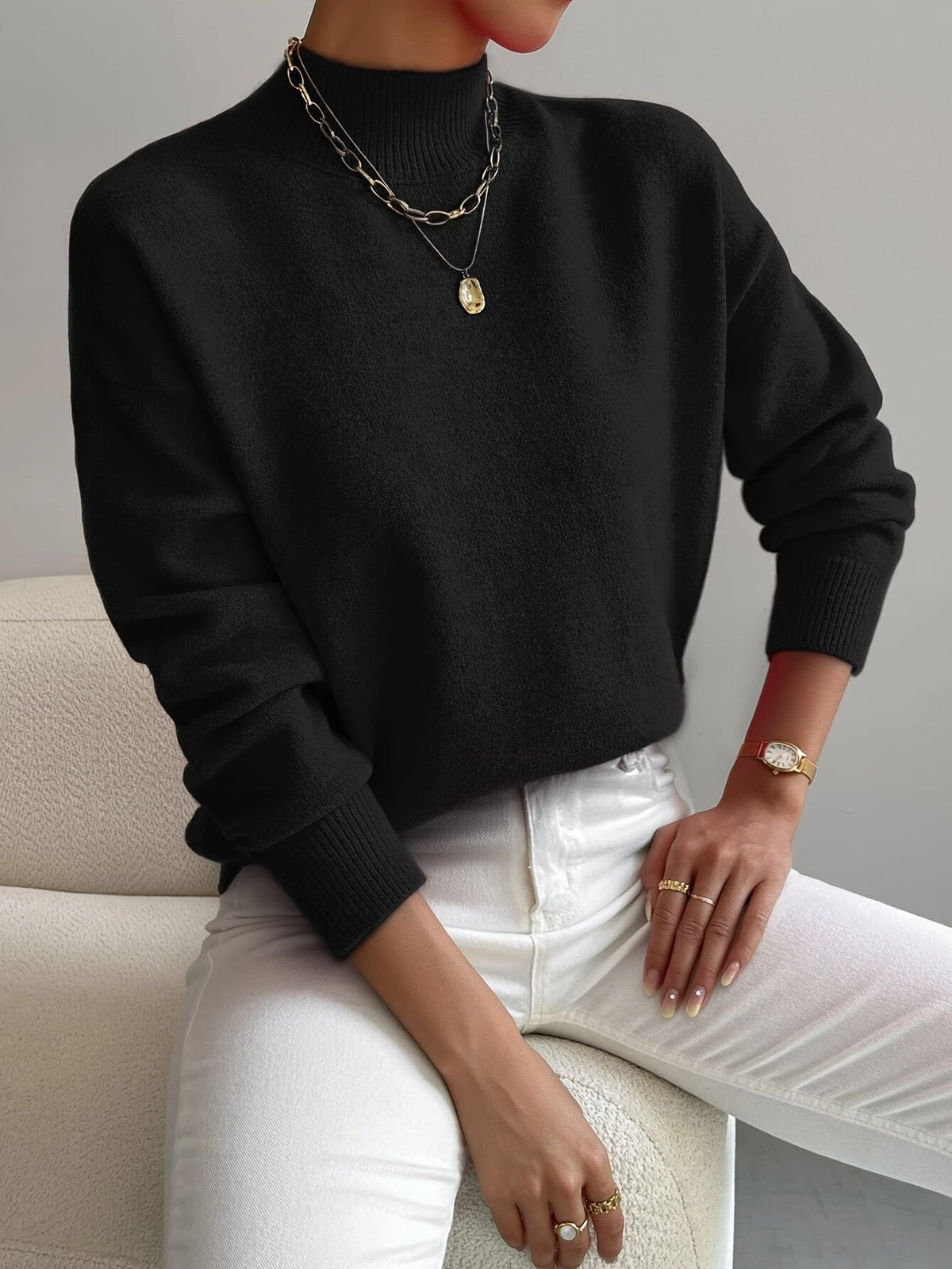 Freya | Women's Mock Turtleneck Relaxed-Fit Long Sleeve Jumper - Black