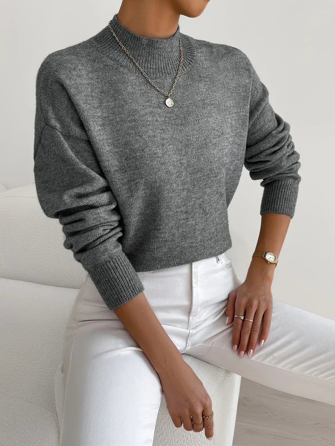 Freya | Women's Mock Turtleneck Relaxed-Fit Long Sleeve Jumper - Dark Grey