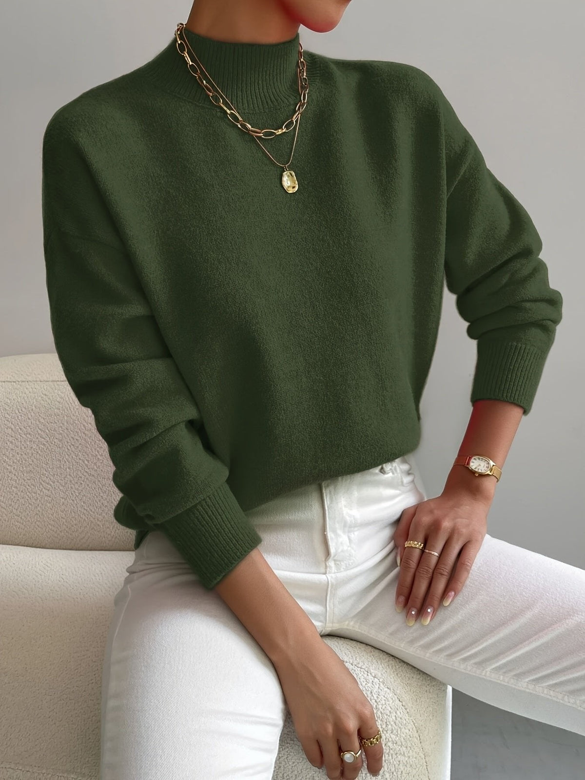 Freya | Women's Mock Turtleneck Relaxed-Fit Long Sleeve Jumper - Green