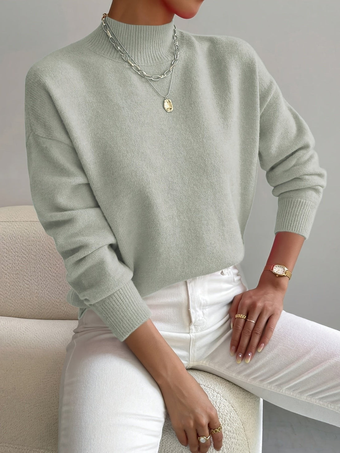 Freya | Women's Mock Turtleneck Relaxed-Fit Long Sleeve Jumper - Light Green