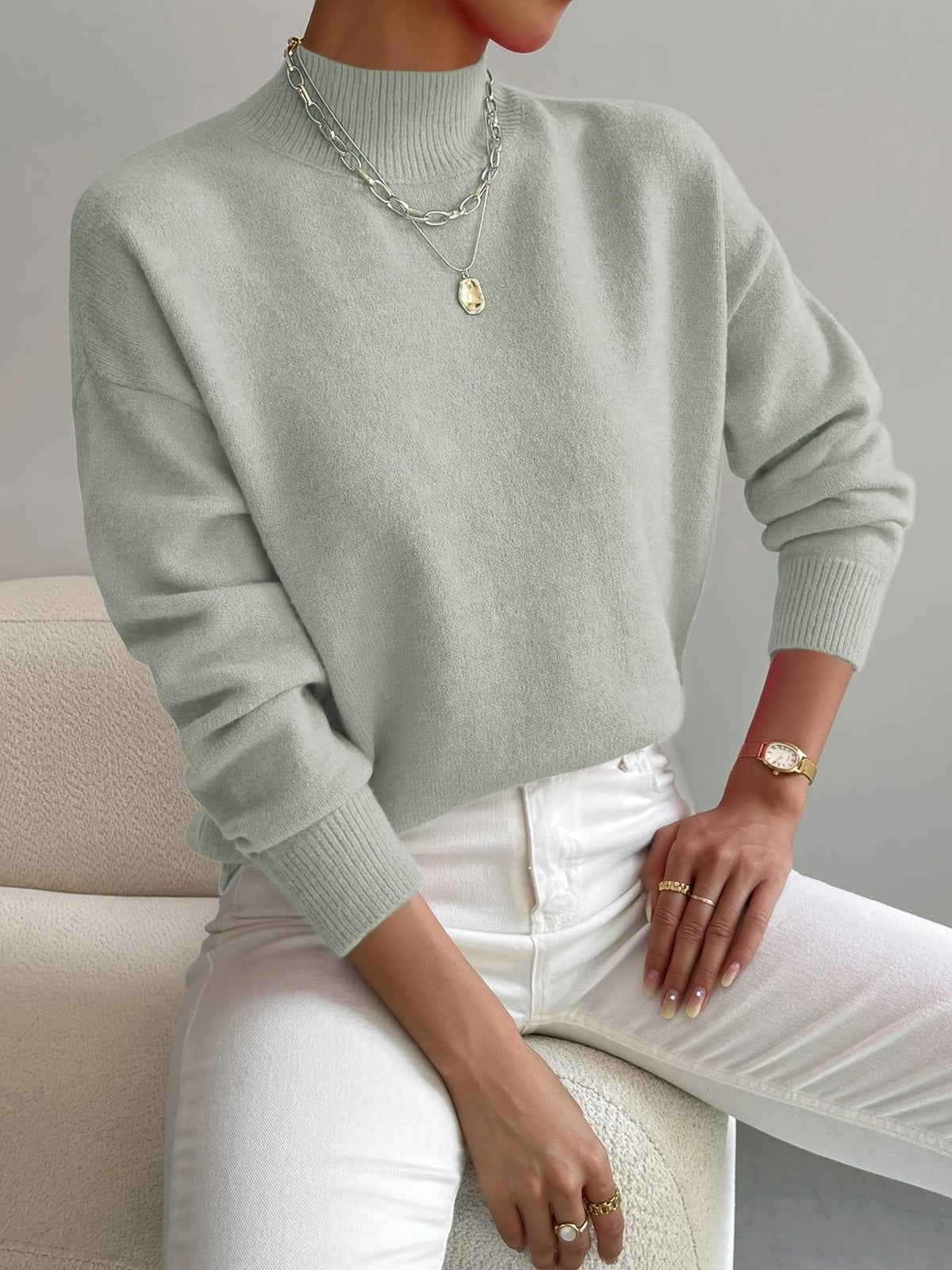 Freya | Women's Mock Turtleneck Relaxed-Fit Long Sleeve Jumper - Light Green