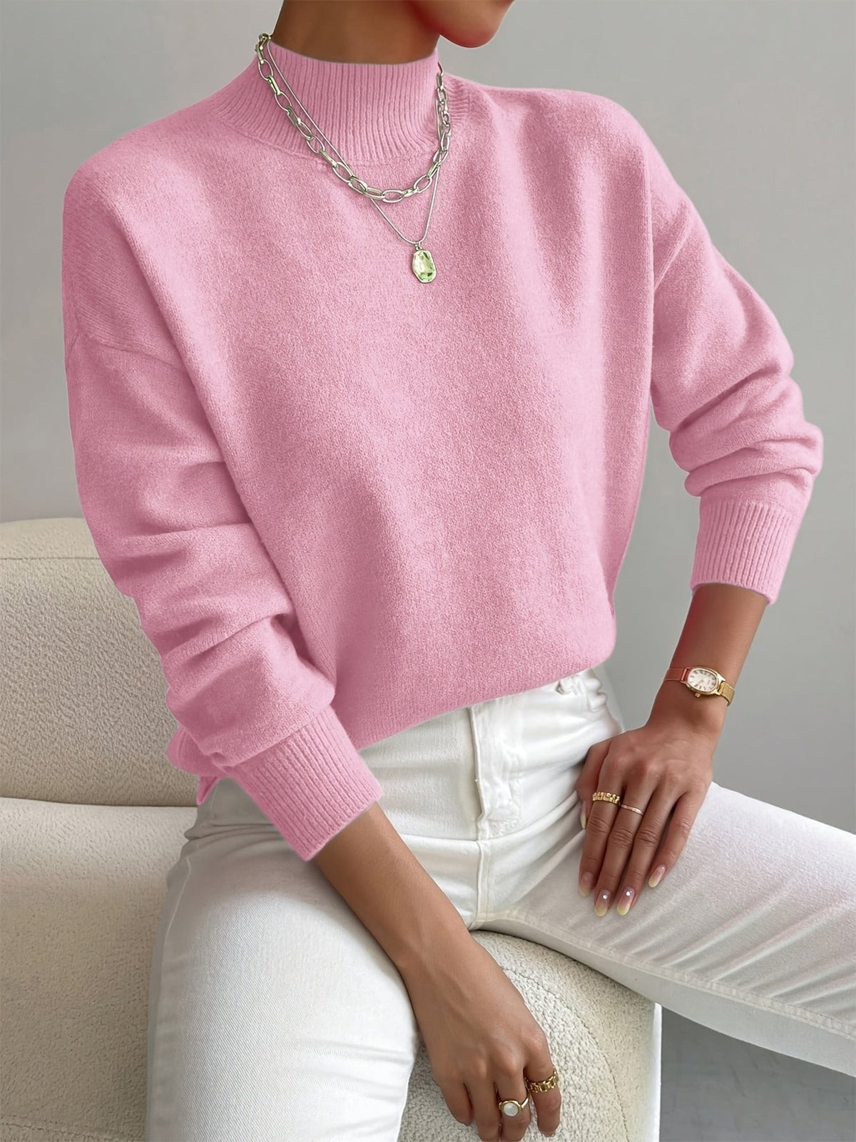 Freya | Women's Mock Turtleneck Relaxed-Fit Long Sleeve Jumper - Light Pink