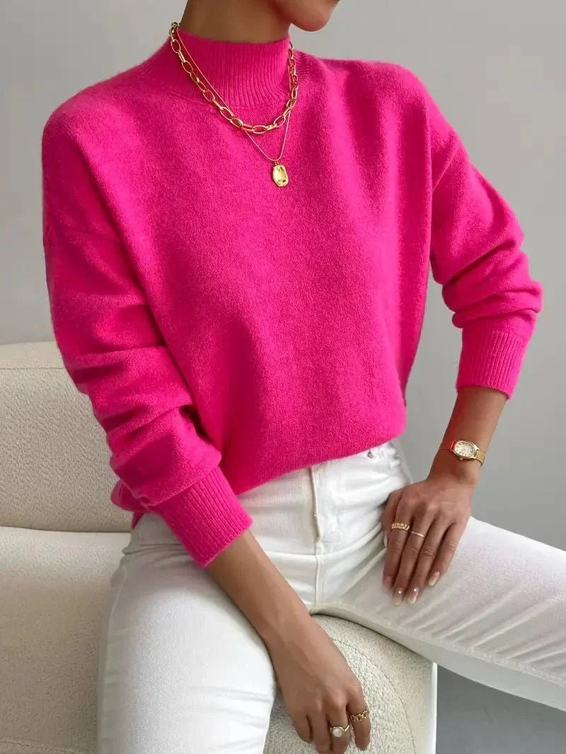 Freya | Women's Mock Turtleneck Relaxed-Fit Long Sleeve Jumper - Pink