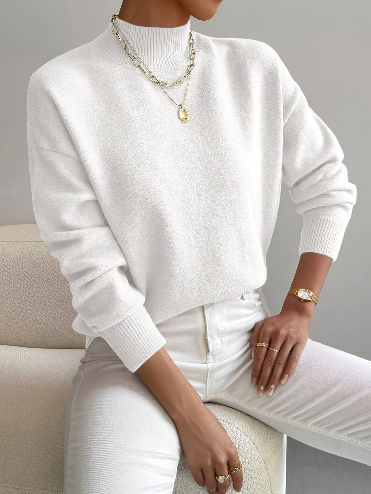 Freya | Women's Mock Turtleneck Relaxed-Fit Long Sleeve Jumper - White