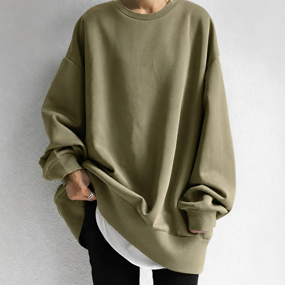 Freya | Women's Oversized Drop-Shoulder Tunic Crewneck Sweater - Brown