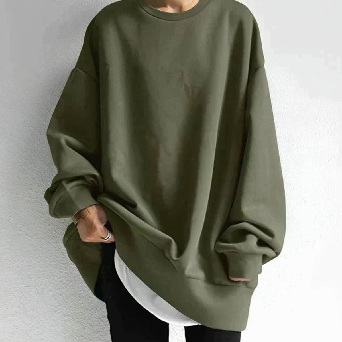 Freya | Women's Oversized Drop-Shoulder Tunic Crewneck Sweater - Green
